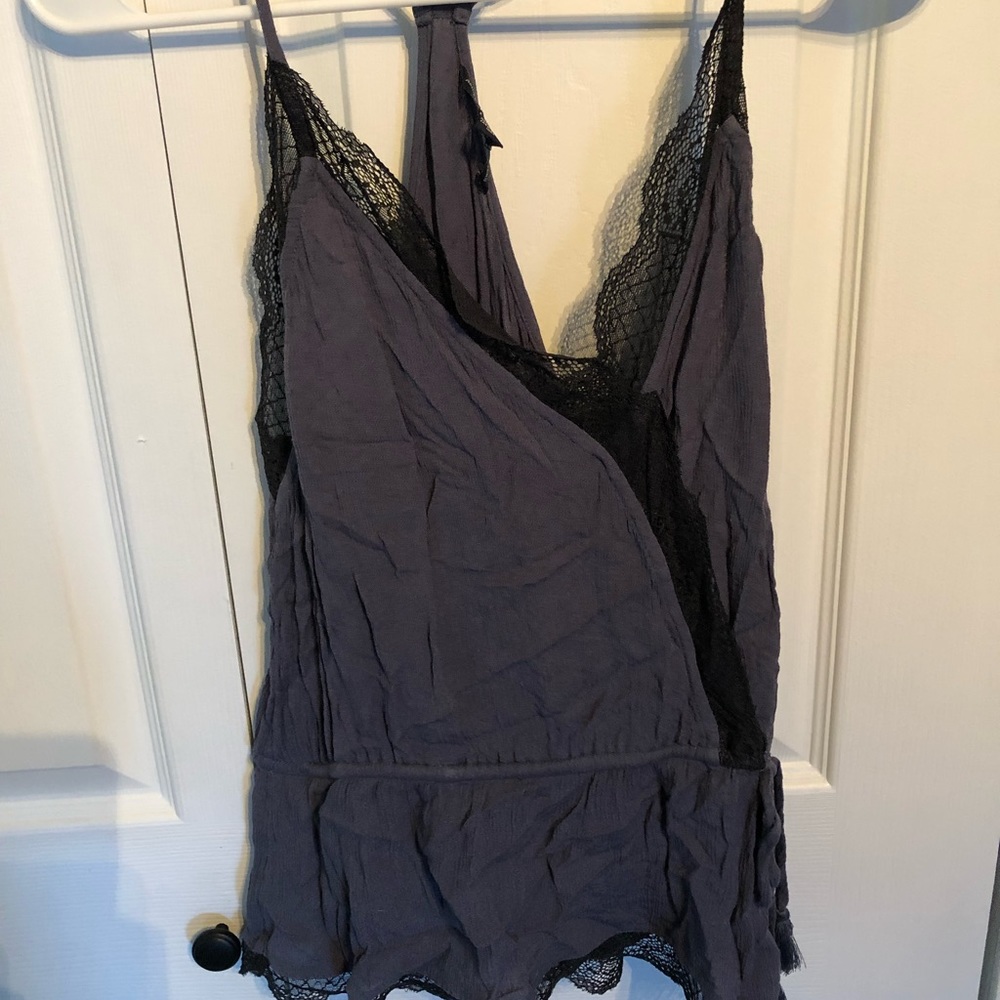 American Eagle blue cross over tank with lace detail